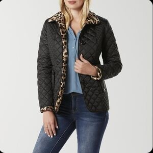 Liz Claiborne Black Quilted Jacket with Leopard Lining